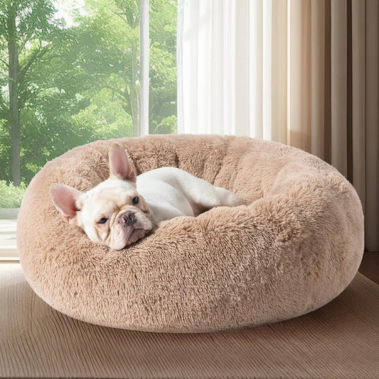 Dog Bed for Medium Dogs - Donut Washable Medium Pet Bed, 30 inches Anti-Slip Round Fluffy Plush Faux Fur Cat Bed, Fits up to 45 lbs Pets, Camel