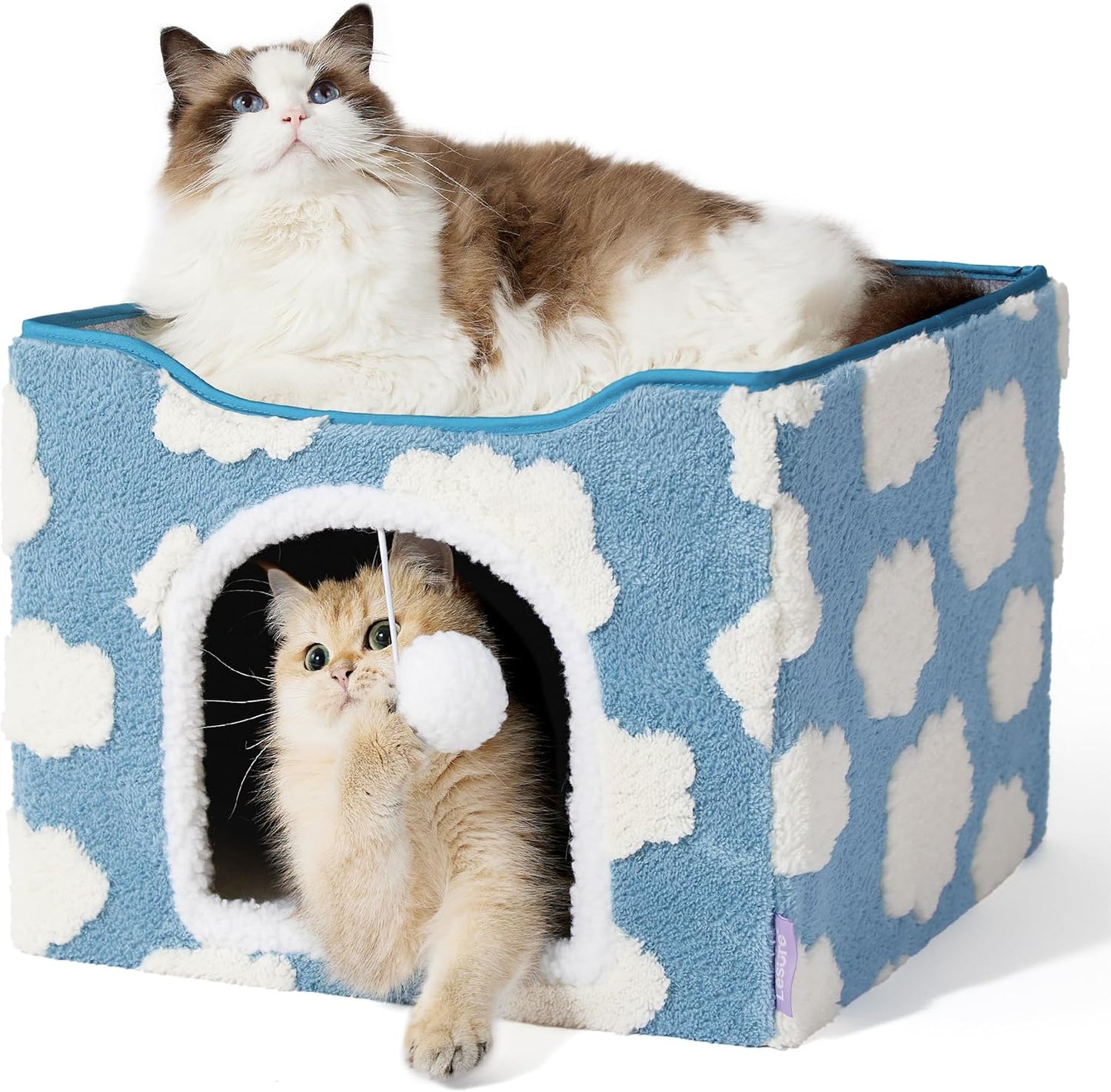 Lesure Indoor Cat Beds Kitten House - Large Cat Cave for Pet Cube with Fluffy Ball Hanging, Foldable Cat Hideaway, 16.5x16.5x13 inches, Cozy Clouds Blue