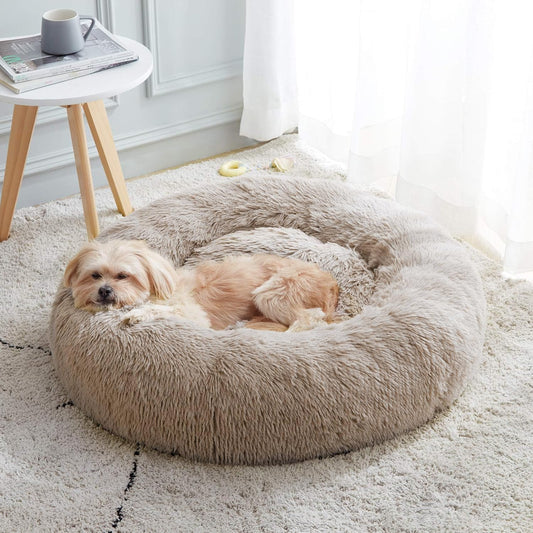 Calming Dog & Cat Bed, Anti-Anxiety Donut Cuddler Warming Cozy Soft Round Bed, Fluffy Faux Fur Plush Cushion Bed for Small Medium Dogs and Cats(20"/24"/27"/30")