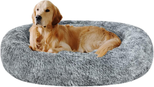 Oval Calming Donut Cuddler Dog Bed,Shag Faux Fur Cat Bed Washable Round Pillow Pet Bed(30"/36"/43") for Small Medium Dogs (XL(36"x27"x7"), Grey)