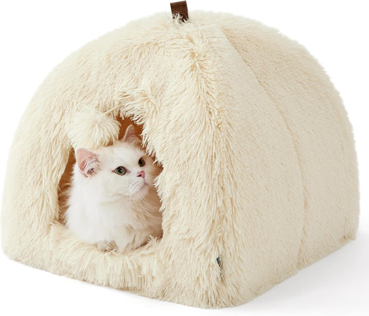 Bedsure Cat Beds for Indoor - 2 in 1 Cat Cave House Tent for Kittens and Small Pets with Removable Washable Cushioned Pillow, Foldable Kitten Hideaway with Non-Slip Bottom, Plush Beige, 16 inches