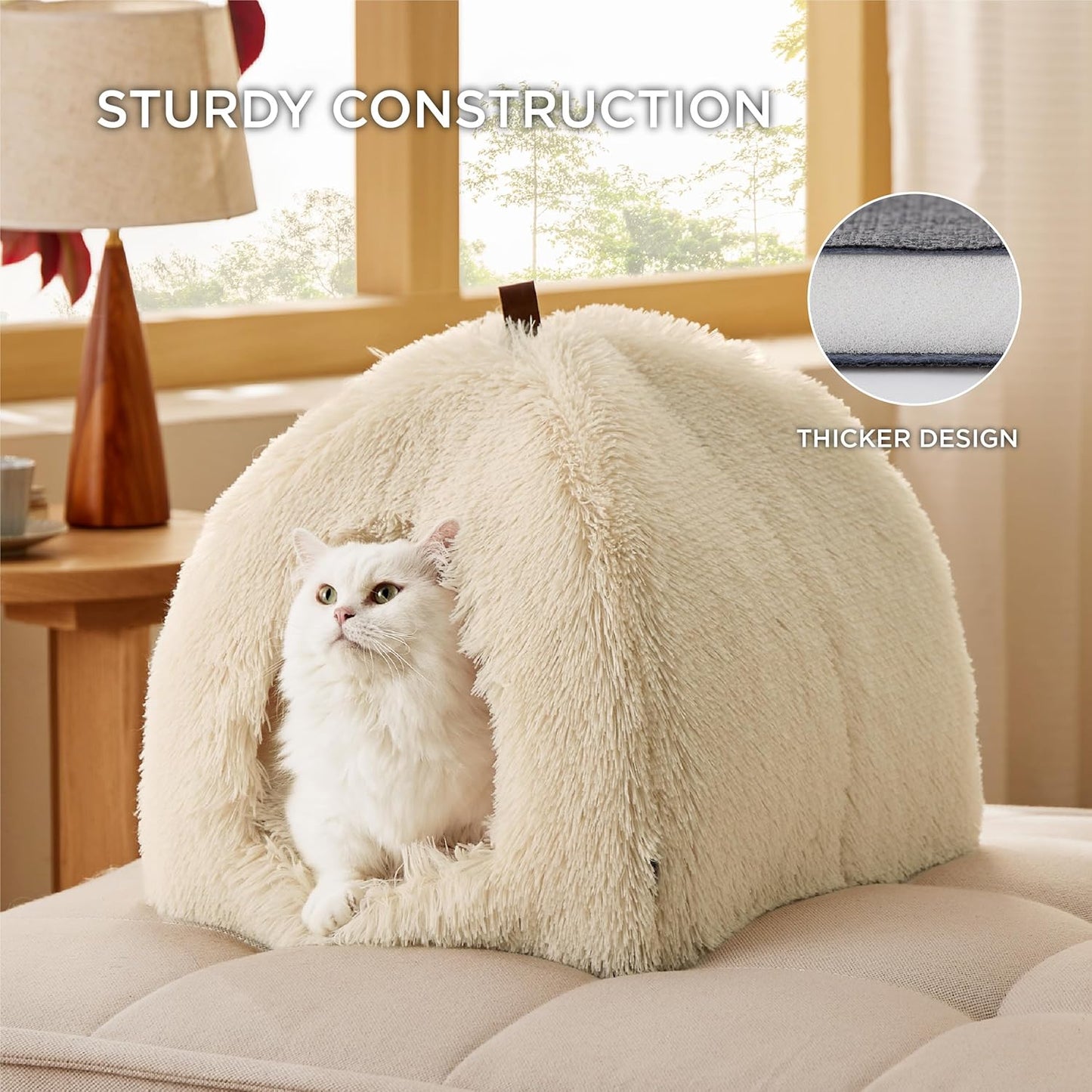 Bedsure Cat Beds for Indoor - 2 in 1 Cat Cave House Tent for Kittens and Small Pets with Removable Washable Cushioned Pillow, Foldable Kitten Hideaway with Non-Slip Bottom, Plush Beige, 16 inches