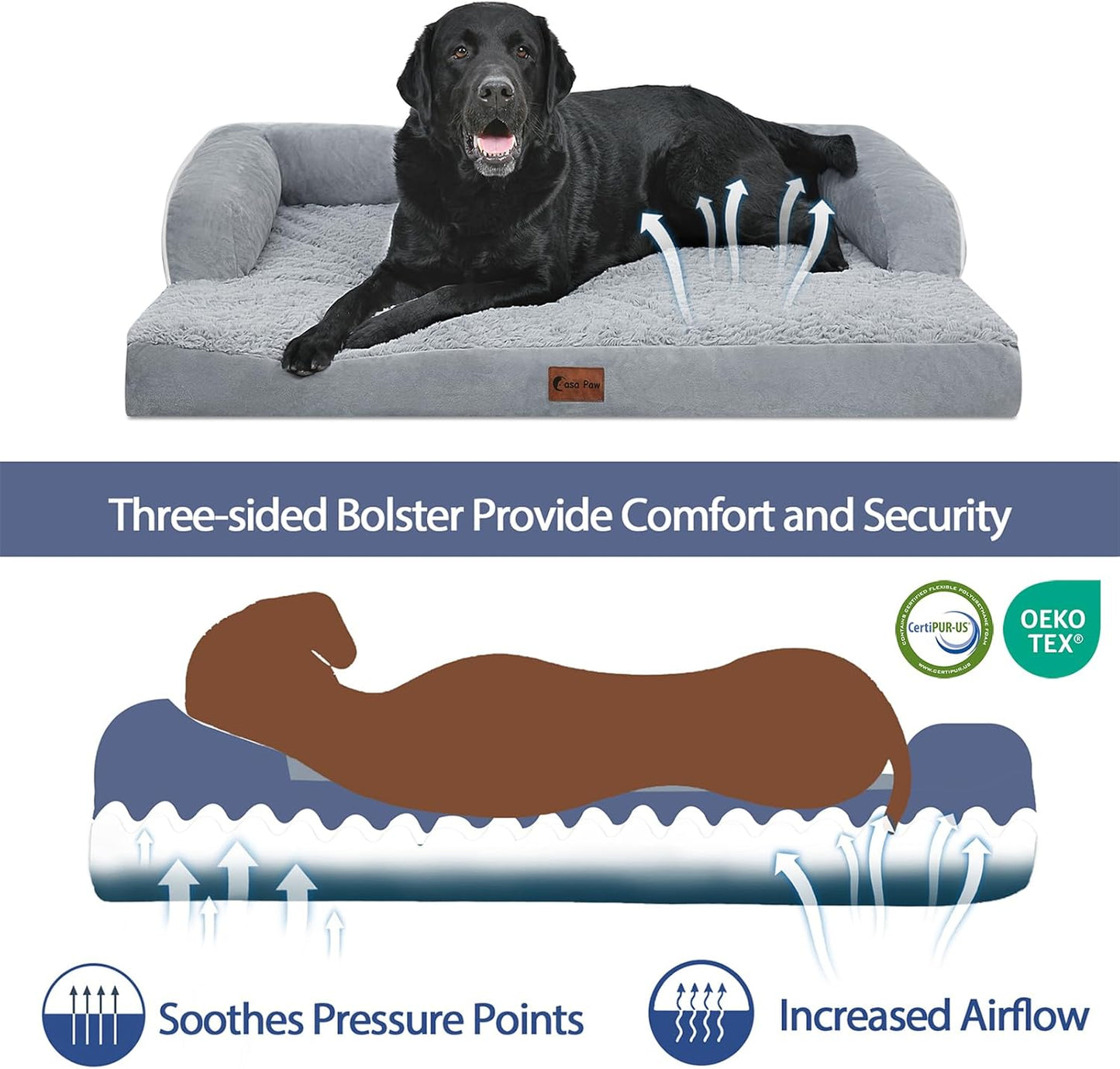 Orthopedic Dog Beds for Extra Large Dogs, Waterproof XLarge, Memory Foam Couch, Comfy Bolster Pet Bed with Removable Washable Cover, Nonskid Bottom (X-Large,Grey)