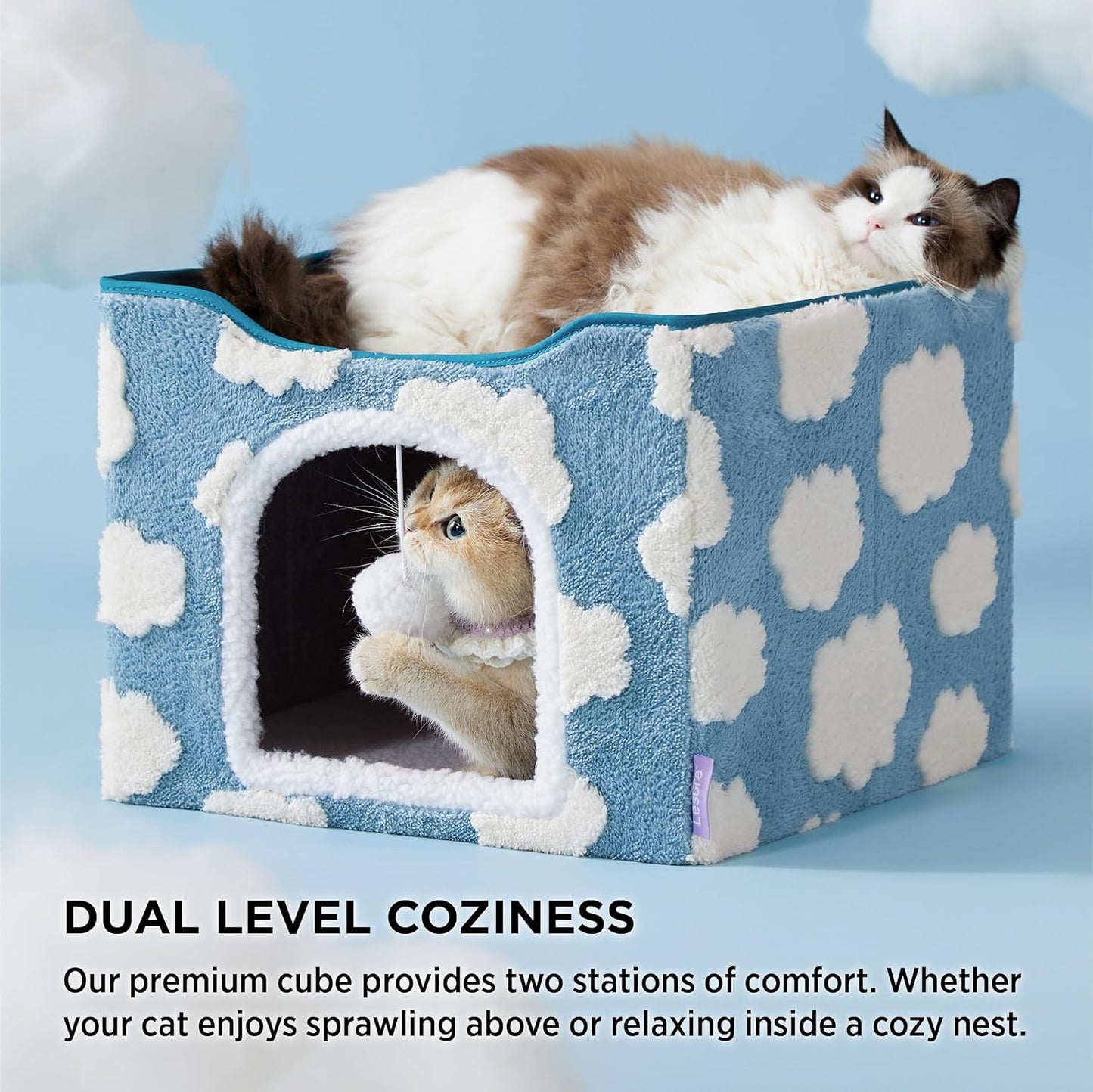 Lesure Indoor Cat Beds Kitten House - Large Cat Cave for Pet Cube with Fluffy Ball Hanging, Foldable Cat Hideaway, 16.5x16.5x13 inches, Cozy Clouds Blue