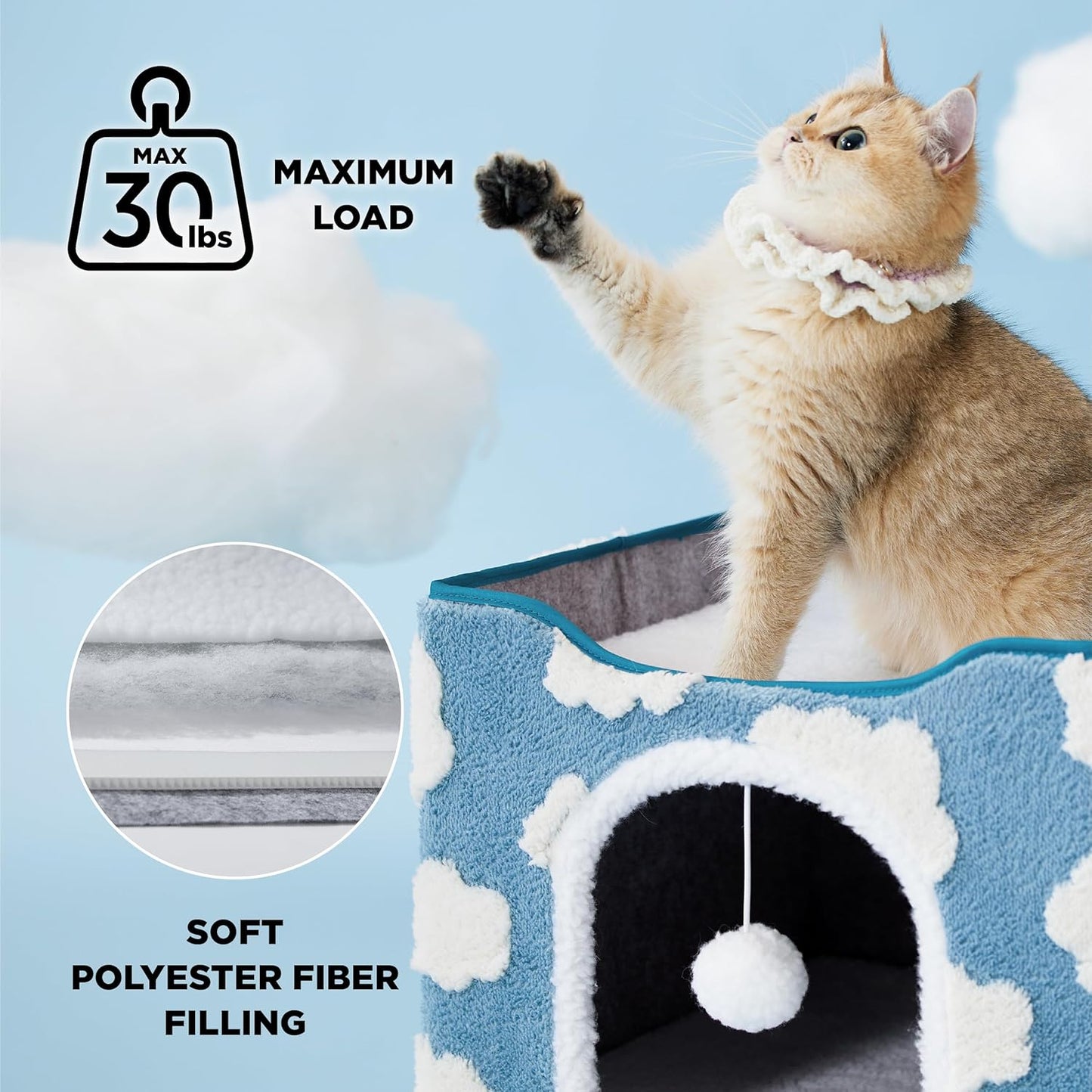 Lesure Indoor Cat Beds Kitten House - Large Cat Cave for Pet Cube with Fluffy Ball Hanging, Foldable Cat Hideaway, 16.5x16.5x13 inches, Cozy Clouds Blue