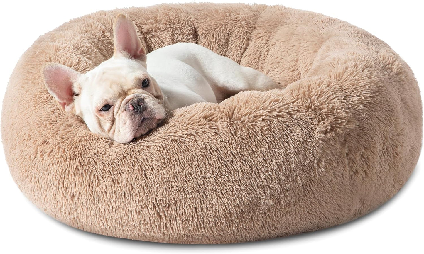 Dog Bed for Medium Dogs - Donut Washable Medium Pet Bed, 30 inches Anti-Slip Round Fluffy Plush Faux Fur Cat Bed, Fits up to 45 lbs Pets, Camel