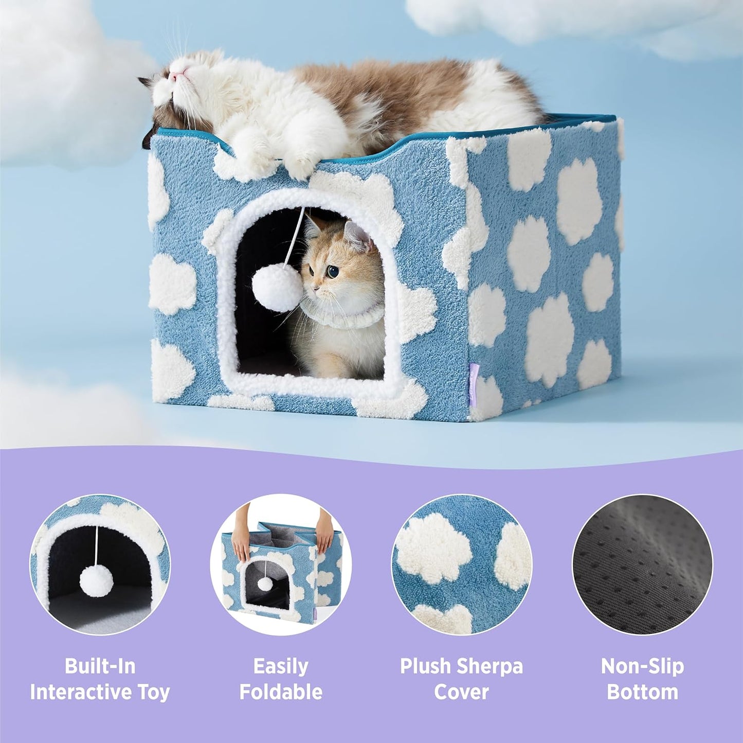 Lesure Indoor Cat Beds Kitten House - Large Cat Cave for Pet Cube with Fluffy Ball Hanging, Foldable Cat Hideaway, 16.5x16.5x13 inches, Cozy Clouds Blue