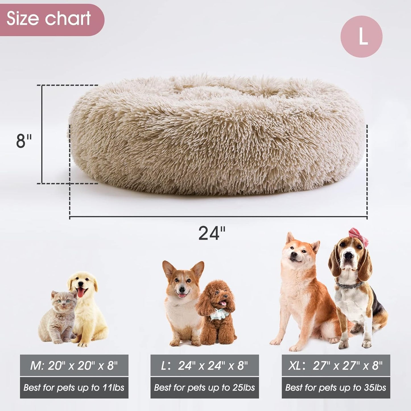 Calming Dog & Cat Bed, Anti-Anxiety Donut Cuddler Warming Cozy Soft Round Bed, Fluffy Faux Fur Plush Cushion Bed for Small Medium Dogs and Cats(20"/24"/27"/30")