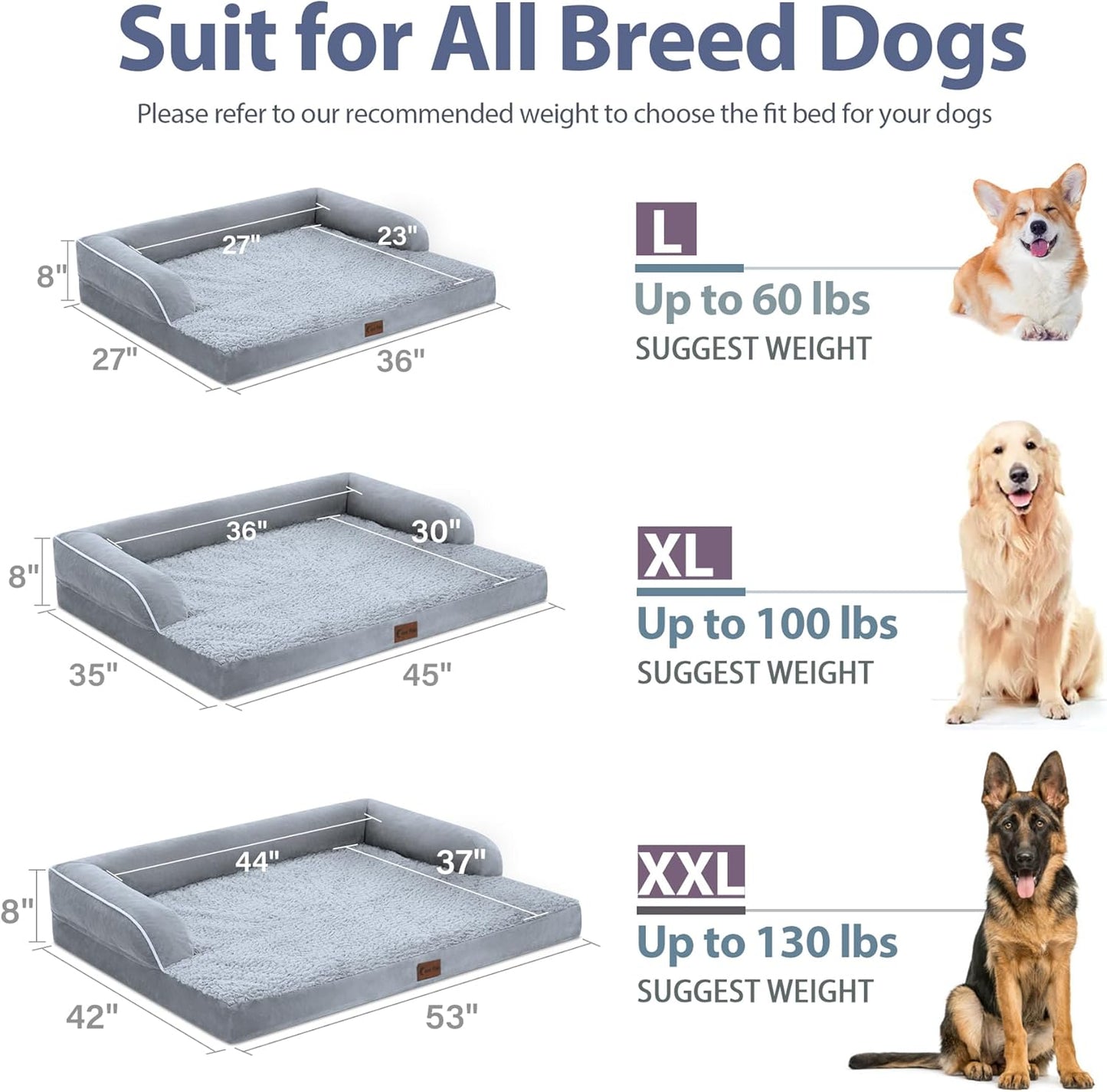 Orthopedic Dog Beds for Extra Large Dogs, Waterproof XLarge, Memory Foam Couch, Comfy Bolster Pet Bed with Removable Washable Cover, Nonskid Bottom (X-Large,Grey)