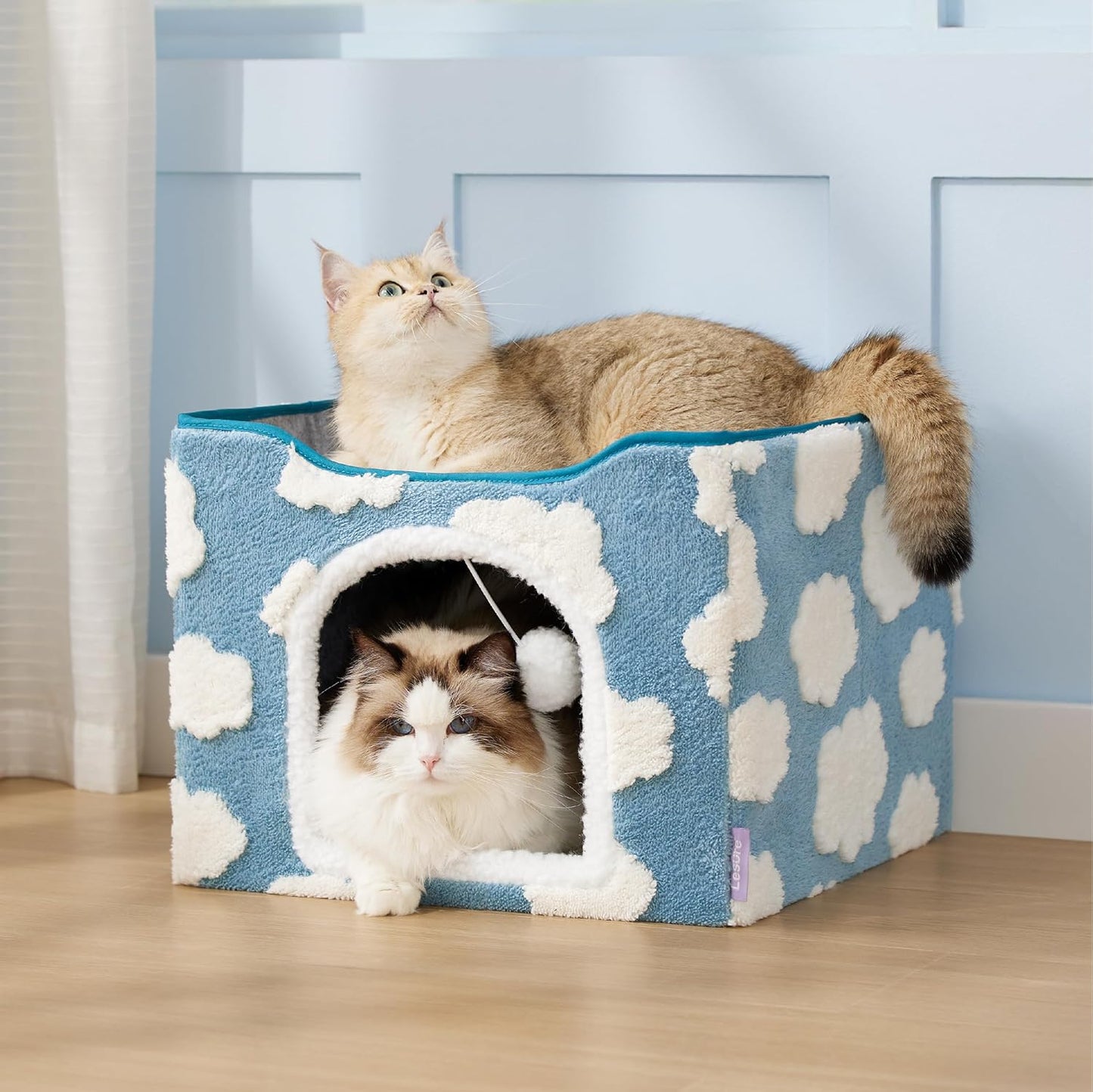 Lesure Indoor Cat Beds Kitten House - Large Cat Cave for Pet Cube with Fluffy Ball Hanging, Foldable Cat Hideaway, 16.5x16.5x13 inches, Cozy Clouds Blue