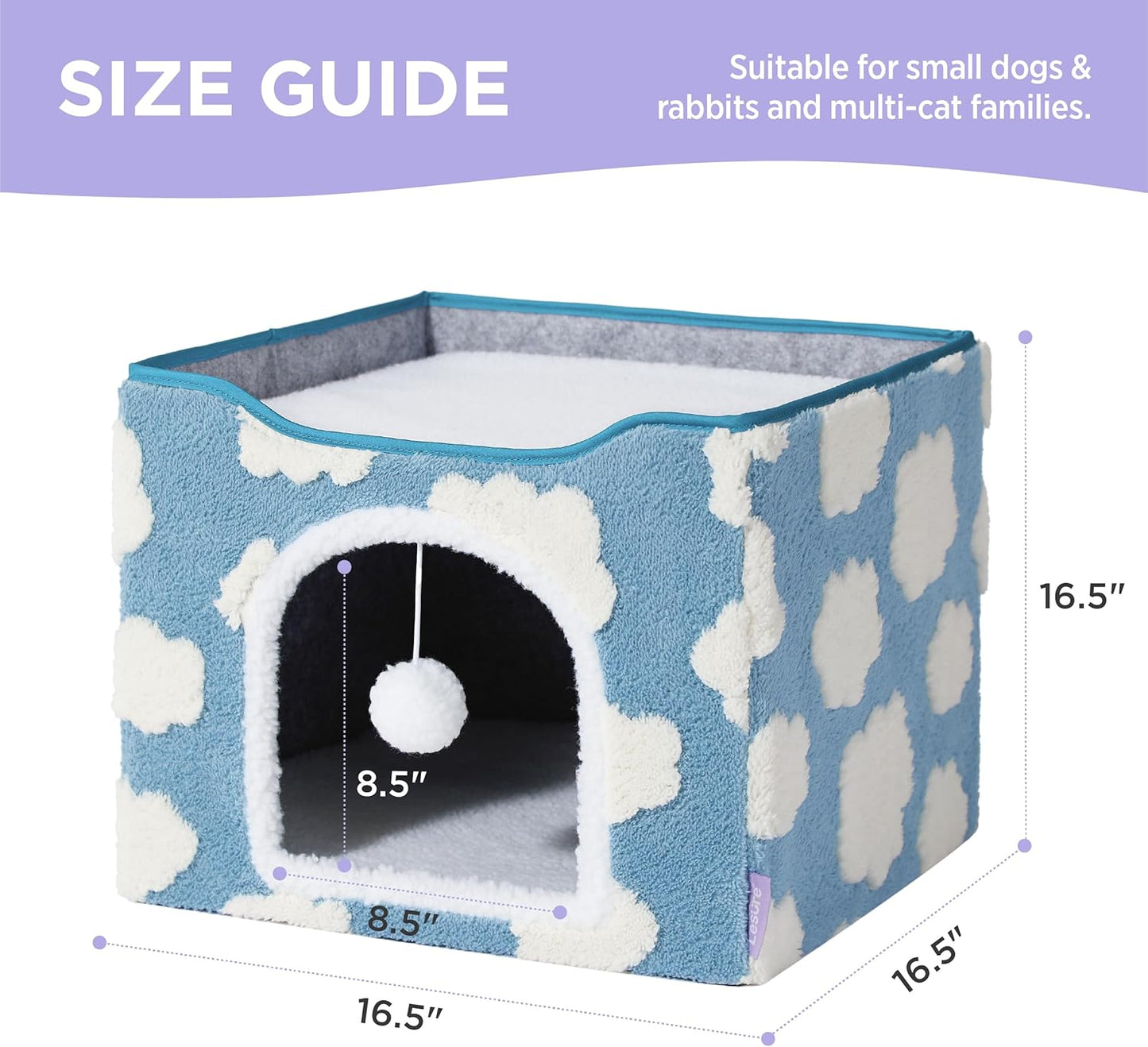 Lesure Indoor Cat Beds Kitten House - Large Cat Cave for Pet Cube with Fluffy Ball Hanging, Foldable Cat Hideaway, 16.5x16.5x13 inches, Cozy Clouds Blue