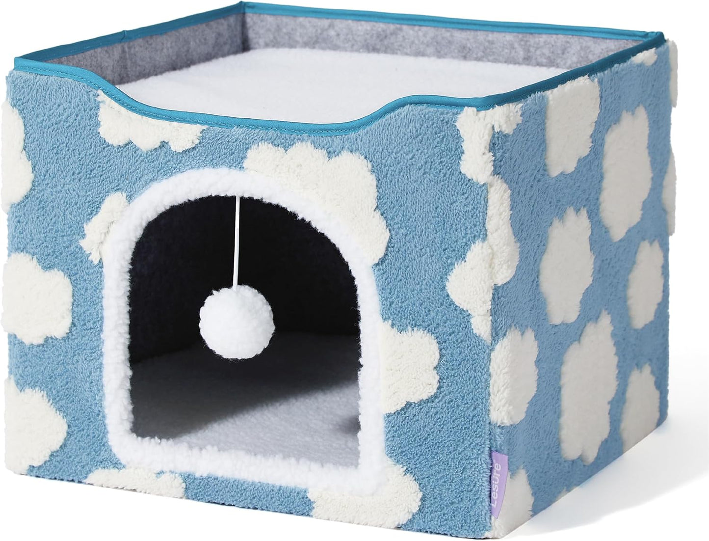 Lesure Indoor Cat Beds Kitten House - Large Cat Cave for Pet Cube with Fluffy Ball Hanging, Foldable Cat Hideaway, 16.5x16.5x13 inches, Cozy Clouds Blue